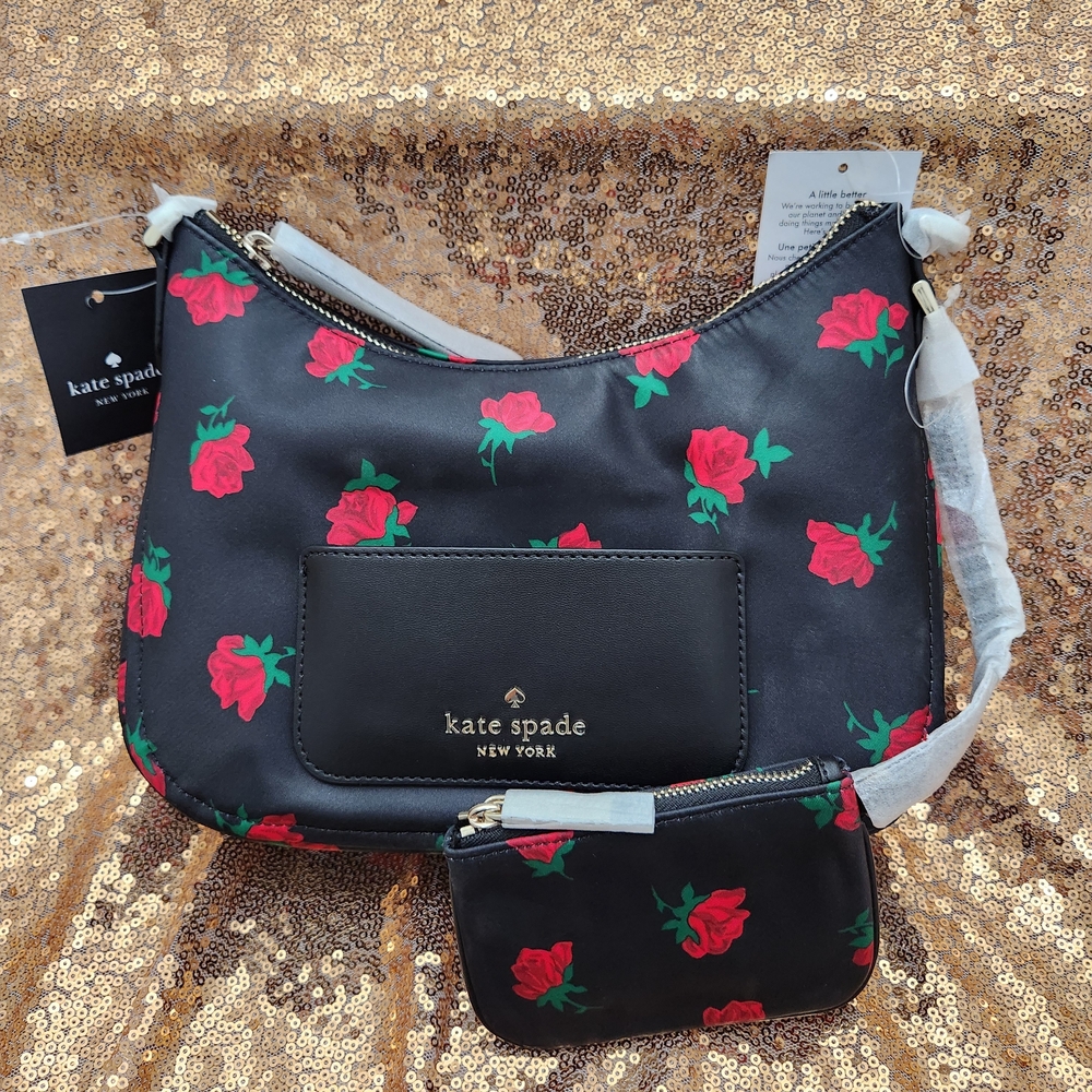 Kate Spade Black Chelsea Rose Toss Printed Nylon Hobo Crossbody Bag